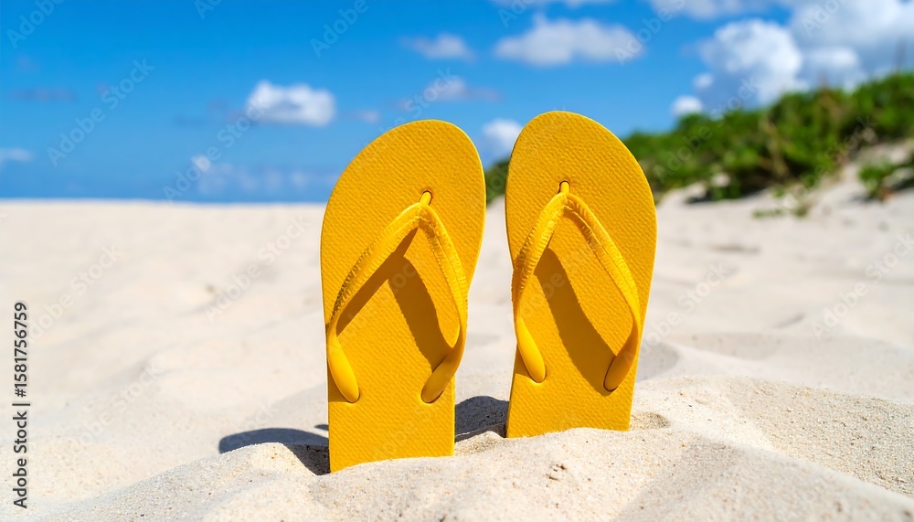 Fototapeta premium Bright yellow flip-flops on a sandy beach