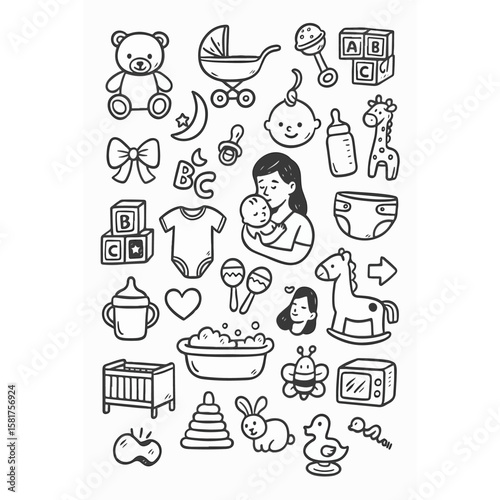 Charming Hand-Drawn Baby Care  Nursery Items Doodle Set: Toys, Essentials, and Infant Symbols
