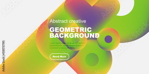 Vibrant abstract design features flowing shapes, bold text, plus button. Modern geometric background ideal for presentations, websites.