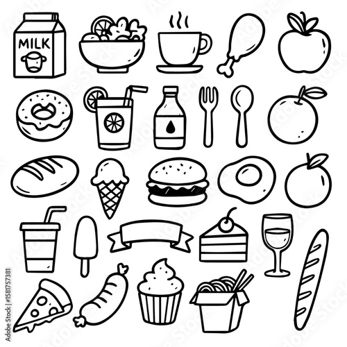 Hand-drawn black and white doodle icons of diverse food and drink items: milk, fruit, burger, pizza, donut, cake, fried egg, ice cream, and more culinary elements.