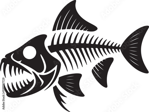Fierce black fish skeleton silhouette with sharp teeth and fins black silhouette aquatic