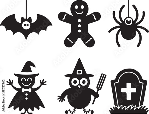 Halloween characters bat gingerbread man spider witch owl tombstone vector
