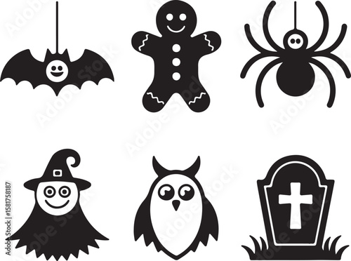 Halloween themed silhouettes of a bat ghost gingerbread man spider owl and tombstone