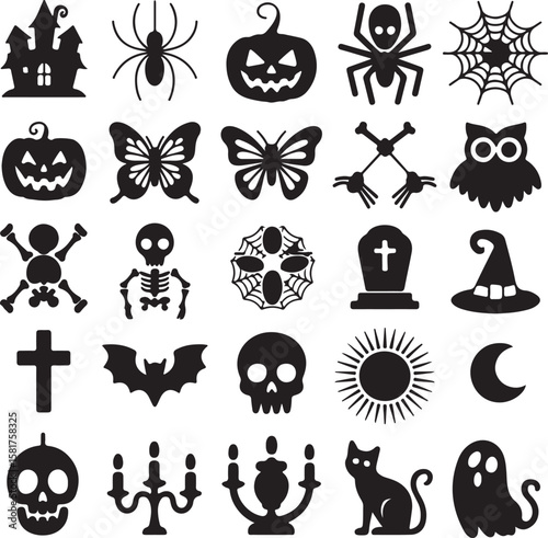 Halloween icons silhouette haunted house spider pumpkin owl cross cat ghost vector