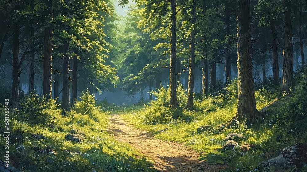 Obraz premium Sunlit Forest Path ultra-detailed artwork in sharp focus featuring enhanced clarity dramatic lighting minimal background ideal for posters prints digital media