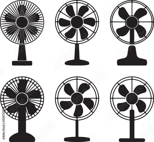 Various black silhouette fans on white background electric fan appliance