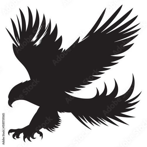 Bald Eagle black silhouette icon. American eagle wild bird of prey soaring. Falcon or hawk carnivore avian animal flight up vector outline illustration isolated on white