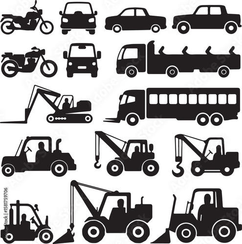 Various vehicle silhouettes including motorcycles cars trucks excavators cranes and loaders