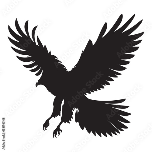 Bald Eagle black silhouette icon. American eagle wild bird of prey soaring. Falcon or hawk carnivore avian animal flight up vector outline illustration isolated on white