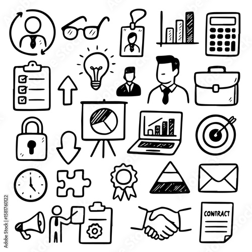 Hand-drawn doodle icons for business, finance, management, and office concepts, including strategy, analytics, communication, and teamwork elements.