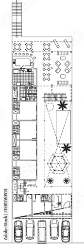 Two Levels Hotel Design Plan and Principal Elevation modern silhouette illustration vector sketch