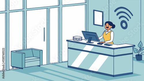 Smiling Receptionist Working at Modern Office Desk with Wi-Fi Symbol in Contemporary Lobby