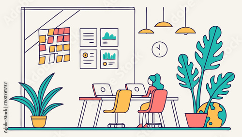 Productive Modern Office Illustration: People Working on Laptops in a Creative Workspace with Agile Board, Data Charts, and Green Plants. Business ...