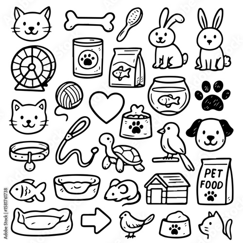 Detailed hand-drawn doodle icons featuring diverse pets like cats, dogs, rabbits, and turtles, along with pet food, toys, grooming tools, and essential accessories.
