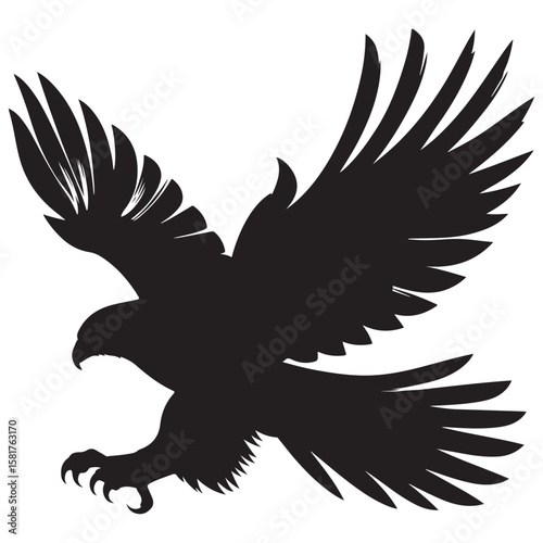 Bald Eagle black silhouette icon. American eagle wild bird of prey soaring. Falcon or hawk carnivore avian animal flight up vector outline illustration isolated on white