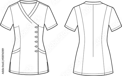 Women’s medical scrub top fashion flat sketch with side buttons, short sleeves, v-neckline, curved seam design, technical drawing illustration.
