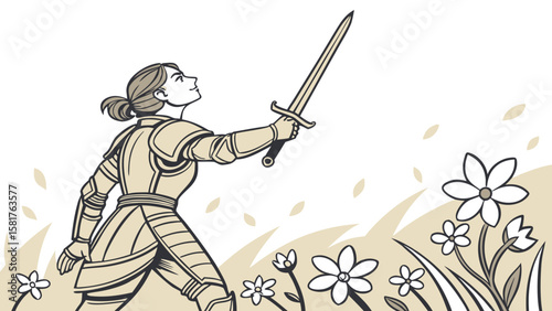 Illustration of a female knight in armor holding a sword aloft in a field of white flowers looking up
