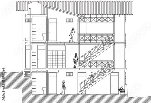 Two Levels Hotel Design Plan and Principal Elevation modern silhouette illustration vector sketch