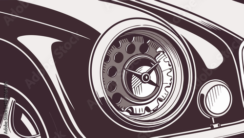 Close up view of a vintage car's headlight and wheel with a decorative hubcap design in monochrome style