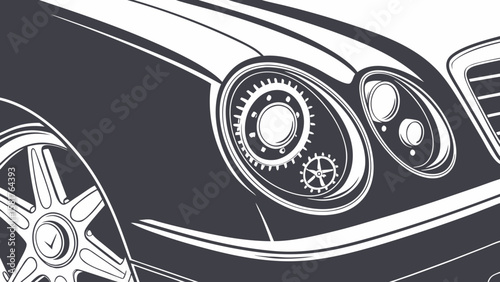 Close up view of a dark car with white accents showing the wheel and headlight details clearly