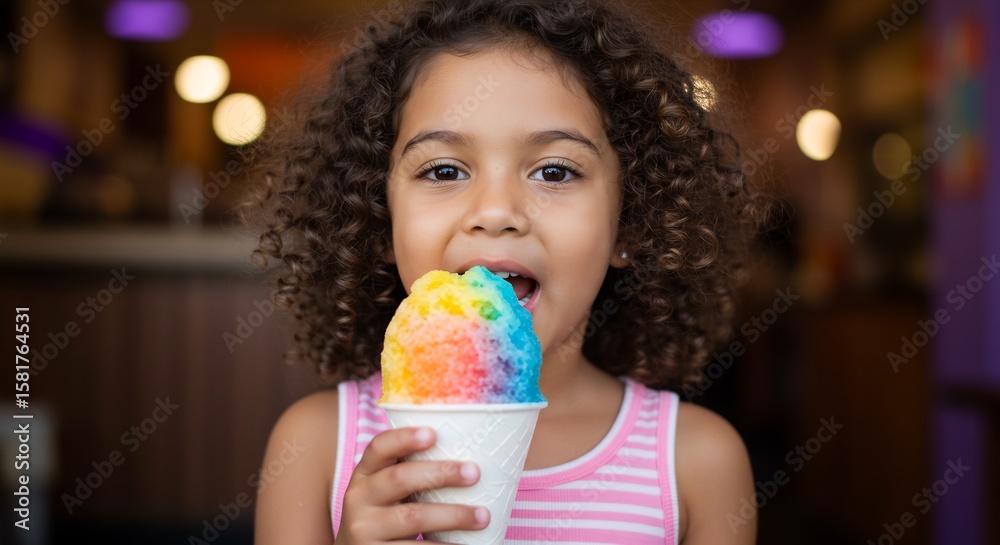 Naklejka premium Happy Little Girl with Curly Hair Enjoying a Rainbow Shaved Ice Treat in a Cafe