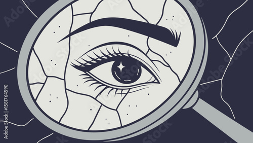 Eye and eyebrow under a magnifying glass with cracked surface and dark blue background design art