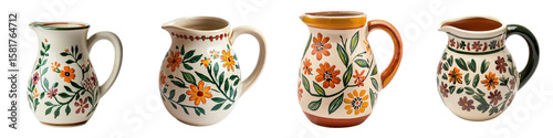 A collection of beautifully crafted ceramic pitchers featuring vibrant traditional floral designs and patterns in various colors and styles