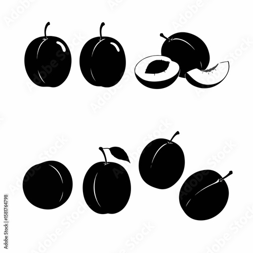 Set of Black Plum Silhouettes: Whole and Cut Fruits Isolated on a White Background, Simple Vector Icons for Design Projects