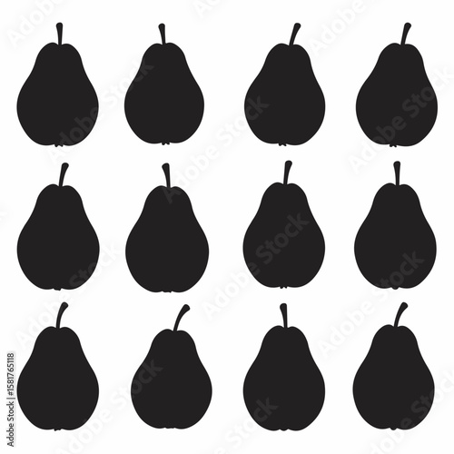 Black pear silhouettes arranged in a grid pattern on a white background. Simple vector illustration of multiple fruit shapes.