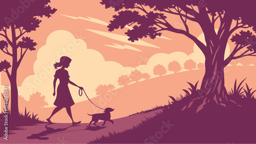 Silhouette of a woman walking a dog on a path in a park with trees and hills at sunset or sunrise