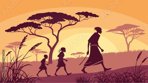 Silhouette of african family walking in savanna landscape with trees and tall grass at sunset scene