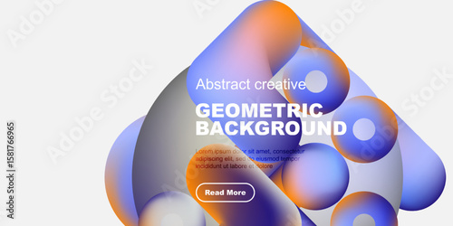 Abstract geometric background features vibrant blue, orange hues. Text overlay includes sample copy, button. Modern design elements present.