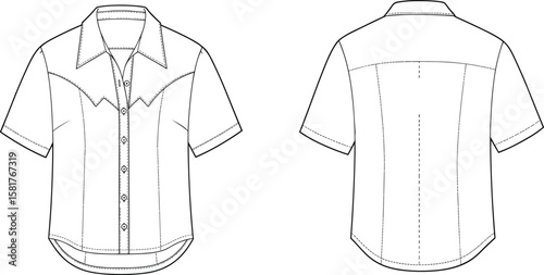 Technical flat sketch of short sleeve western shirt with button front, yoke design, curved hem, ideal for fashion design template