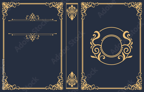 Decorative leather book cover and old vintage decorative frame. Royal Golden style design. Vintage border to print on book cover. Vector illustration.