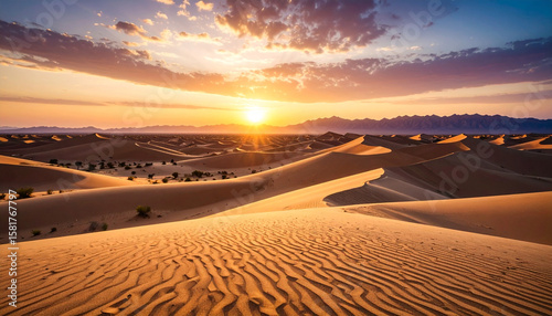 Golden sunset over vast desert landscape with rolling sand dunes and distant mountains under a dramatic sky.