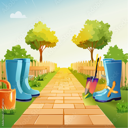 vibrant garden pathway with boots and gardening tools in sunlight