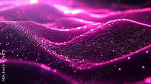 Abstract digital landscape of undulating, textured pink particles against a dark background