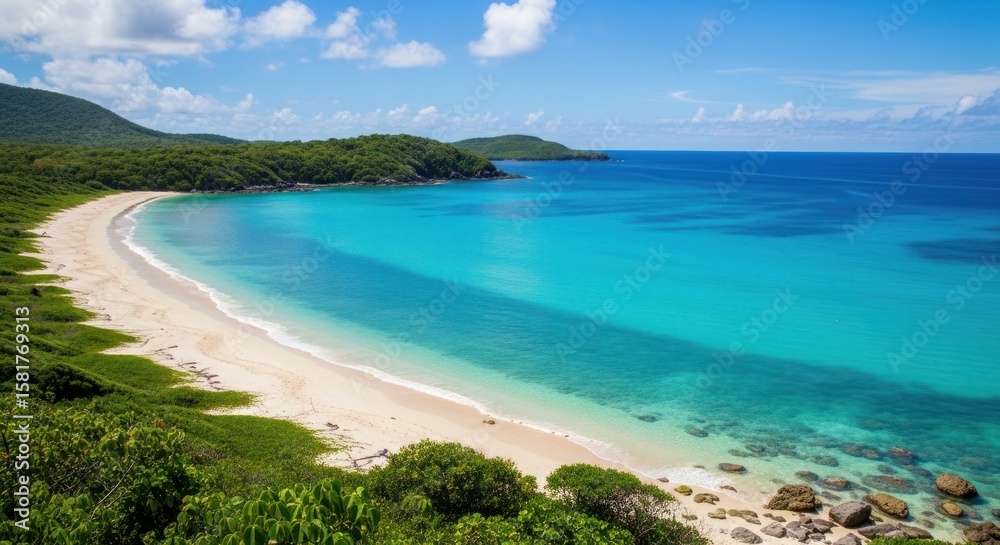 Obraz premium Turquoise waters meet a pristine white sand beach, lush green vegetation covers the hillsides under a sunny blue sky, creating a tropical paradise landscape.