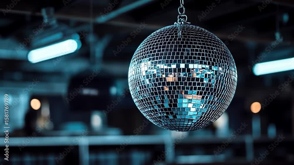 Close-up of a reflective disco ball hanging in a dark room with blurred background lights. The ball is round and silver, reflecting light in various colors