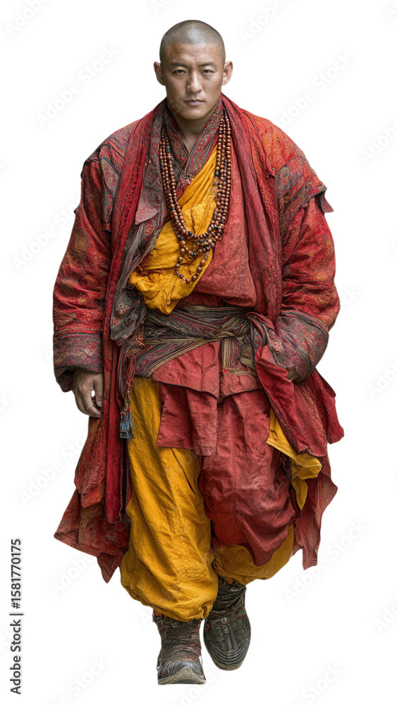 Fototapeta premium Serene monk in vibrant robes walking with confidence through a tranquil setting, embodying peace, wisdom, and spiritual presence in nature's embrace