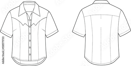 Technical flat sketch of short sleeve western shirt with button front, yoke design, curved hem, ideal for fashion design template