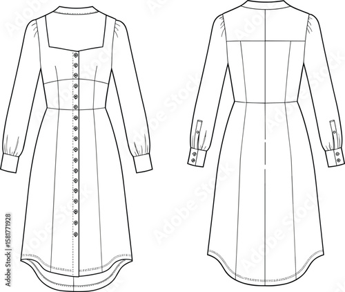 Technical flat sketch of long sleeve button down women's dress with curved hem, front and back view for fashion design template