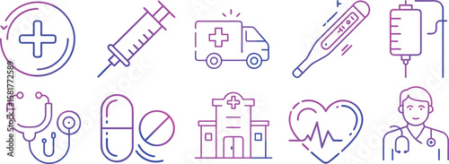 Medical Icons A collection of medical icons, designed in a linear style, presenting a visual vocabulary for healthcare, illness, and patient care. 