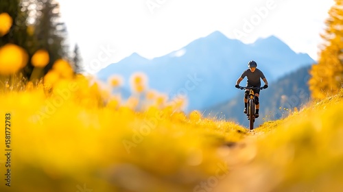Mountain biker rides on a sunny trail through a field of yellow wildflowers