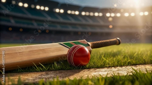 An exciting cricket match approaches with a bat and ball resting on the grassy pitch in the stadium, promising sporting prowess and thrilling action.
