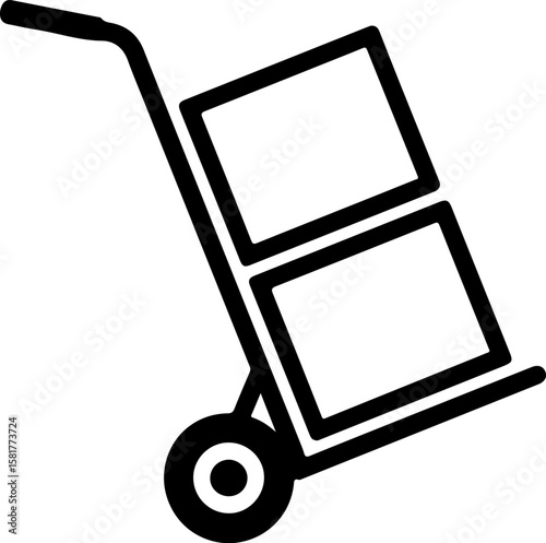 Black and white icon of a hand truck carrying two boxes