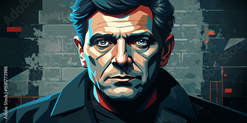 Intense Portrait of a Man with a Determined Gaze Against a Textured Brick Wall Background in a Modern Artistic Style