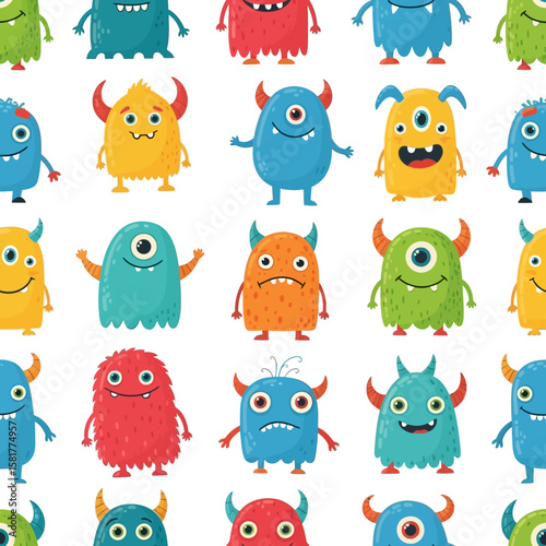 A playful seamless pattern featuring cute and colorful cartoon monsters with funny expressions