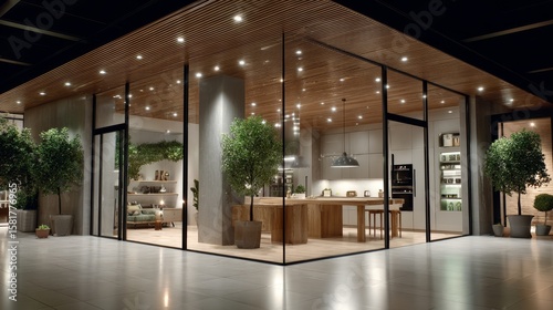 Sleek kitchen furniture and ambient lighting visible through the shop’s glass facade in bright daylight.  
