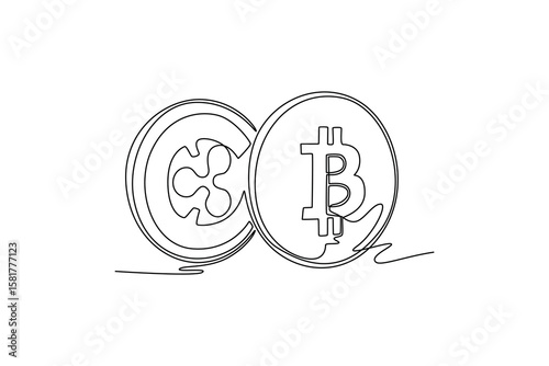 Bitcoin. Ripple. gold, bitcoin and currency concept. Single line draw design. Vector graphic illustration